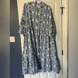 Blue and White Printed Women’s Midi Dress